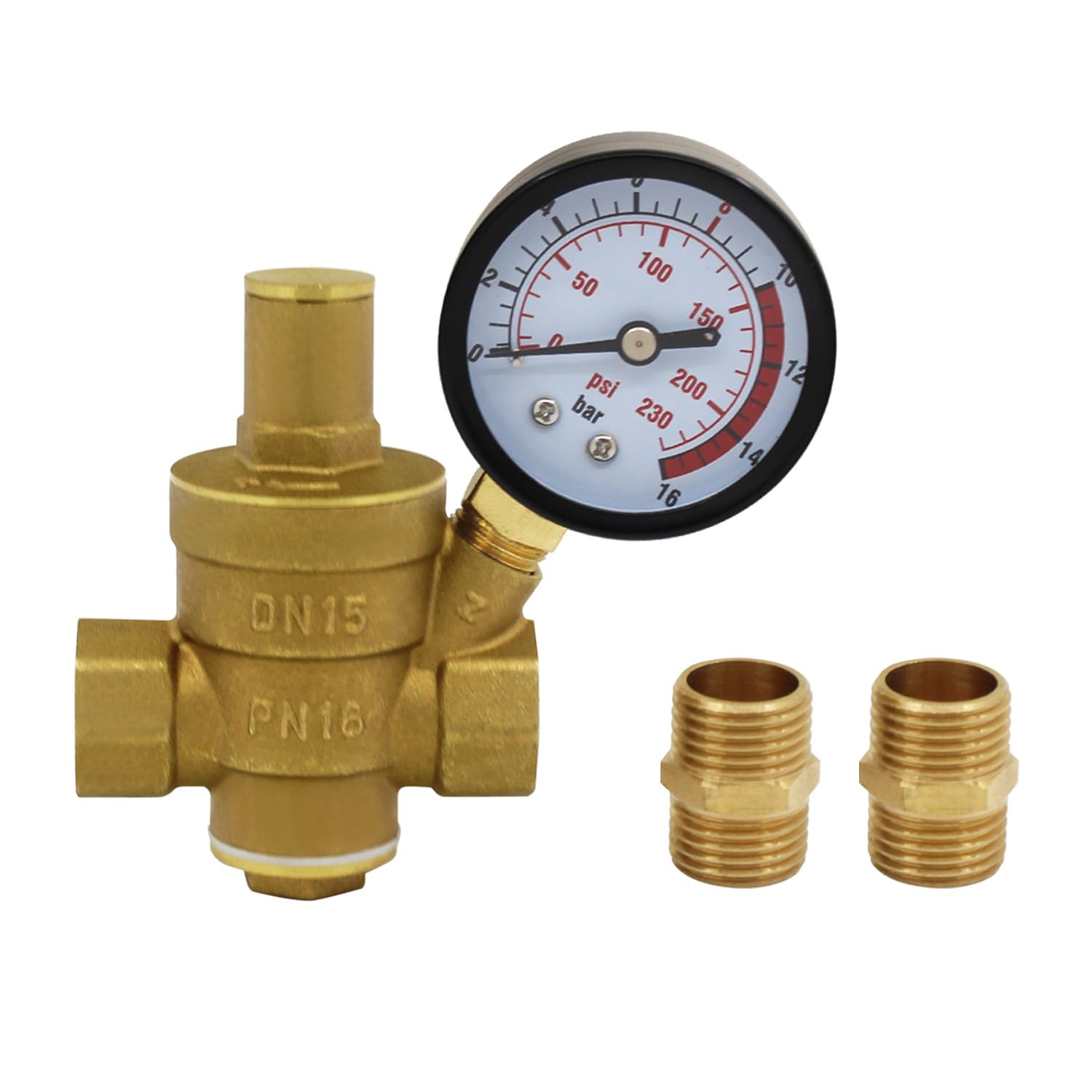 DN15 DN20 DN25 DN32 BSPPajustable latón agua flujo válvula reductora presión con manómetro - hembra 1/2 3/4 1 1-1/4 pulgada (DN32 con conector 2pcs)