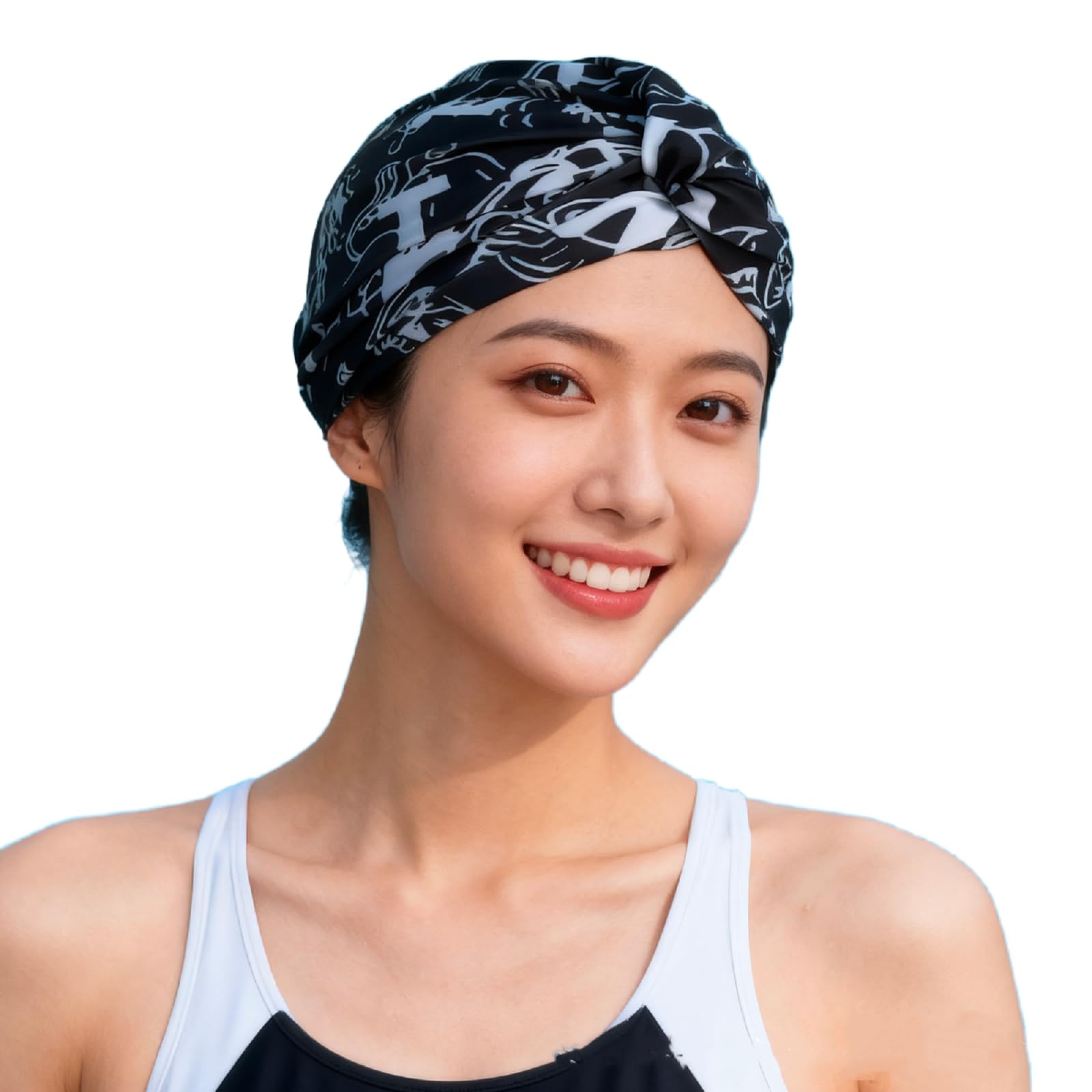 Women Printed Turban Swim Cap Swimming Head Wrap Bath Hair Wrap for Spa Beach Holiday Water Park (White)
