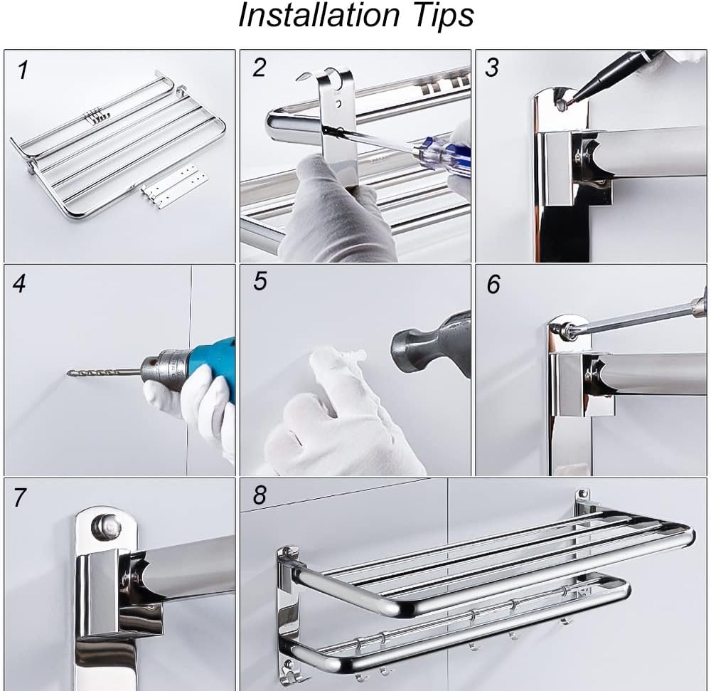 FMURY Folding Movable Bath Towel Shelf Stainless Steel Bathroom Towel Rack Holder Storage Shelf Hook Accessories(58cm) image 5