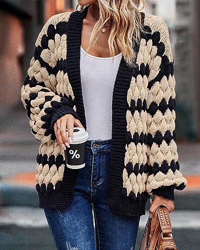 KIRUNDO Womens Cardigan Chunky Fall Fashion Lantern Sleeve Open Front Striped Color Block Cable Knit Winter Sweater Coats3