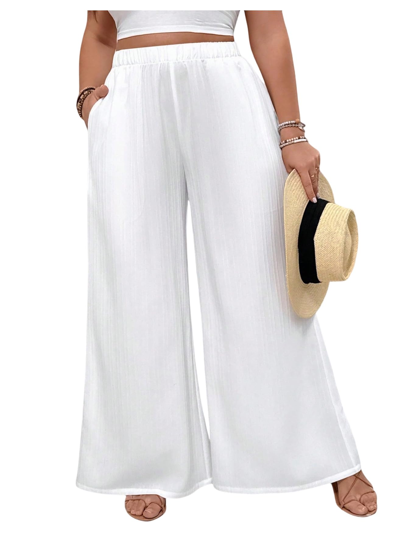 SHENHE Womens Plus Size Wide Leg Palazzo Pants Elastic Waist Baggy Flowy Pants Boho Travel Trousers