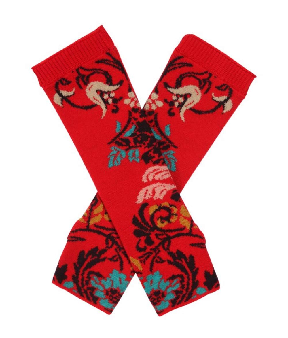 Floral Pattern Wrist Warmers in Red Knit Extra Fine Merino Wool Fingerless Gloves Pullwarmers
