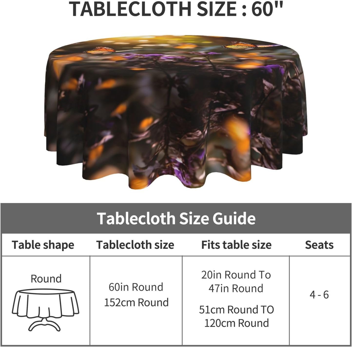 Violet-Gold Butterflies2 Print Wrinkle Free Dining Table Cover for Birthday Party Farmhouse Tablecloths Up to 60 x 60 Inches