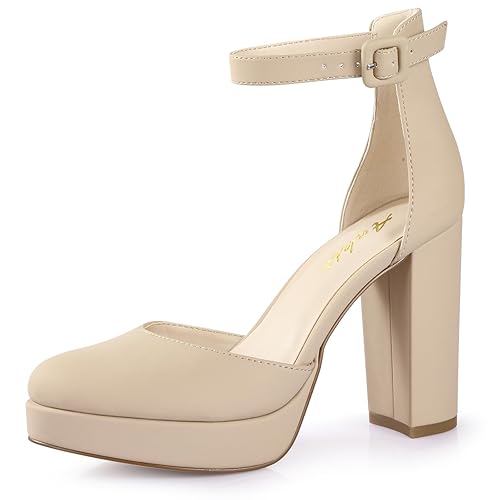 Ankis Black Platform Closed Toe Heels for Women, Womens Heels Closed Round Toe Chunky Block Pumps Shoes, 4 Inch - 6 - Nude Nubuck