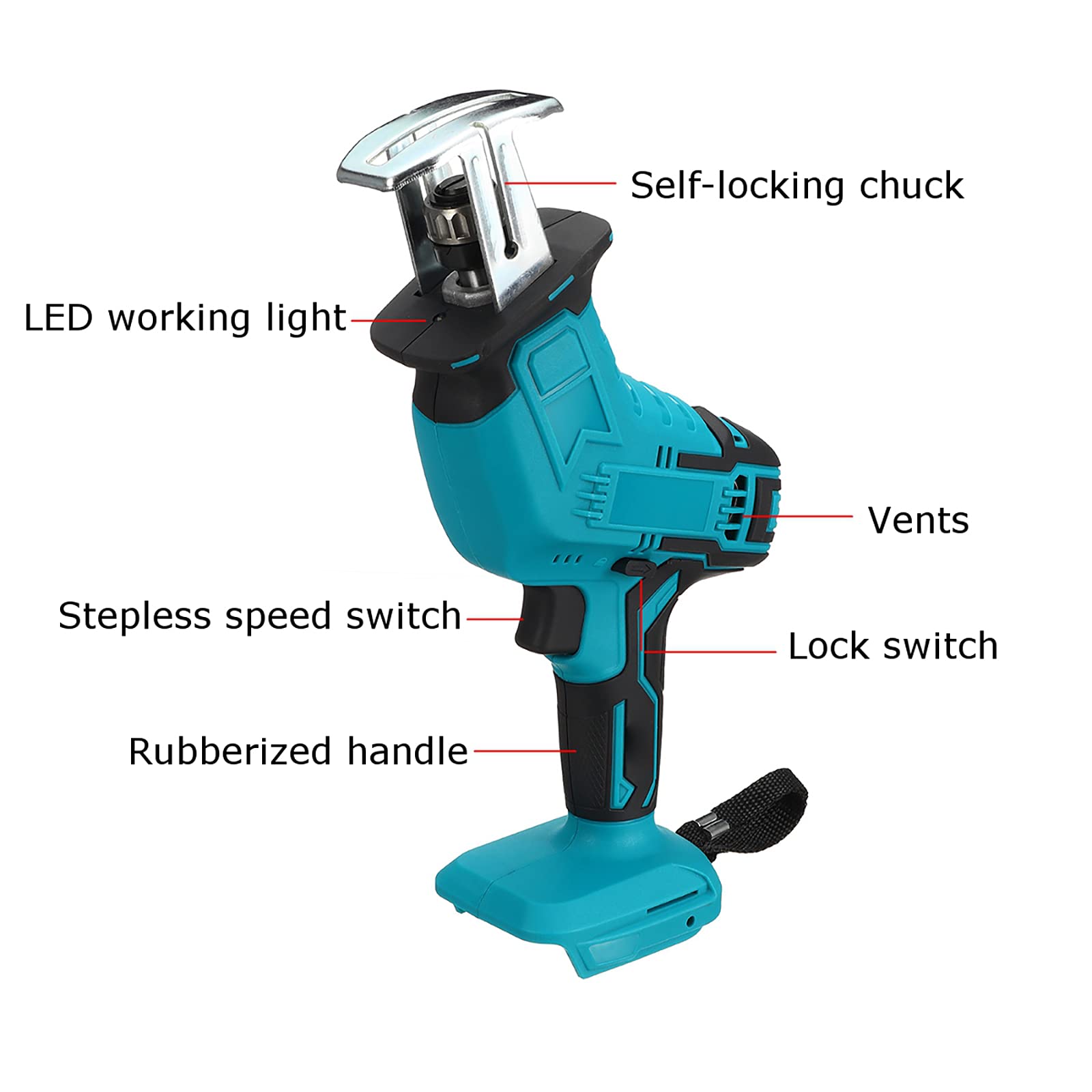 Sierra recíproca, sierra recíproca inalámbrica de 18 v Sierra recíproca portátil con 4 hojas de sierra Sierra recíproca eléctrica de una mano 0-4000 rpm para corte de metal/madera/pvc tubería