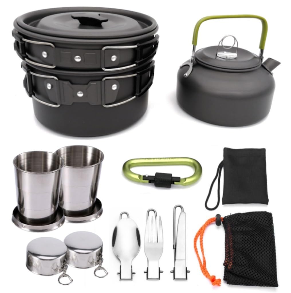 Cocina Camping Ollas Al Aire Libre, Sartenes, Utensilios De Cocina para Acampar, Juego para Picnic, Vajilla con Cuchara Plegable, Tenedor, Tetera, Taza Aire Libre(Black)