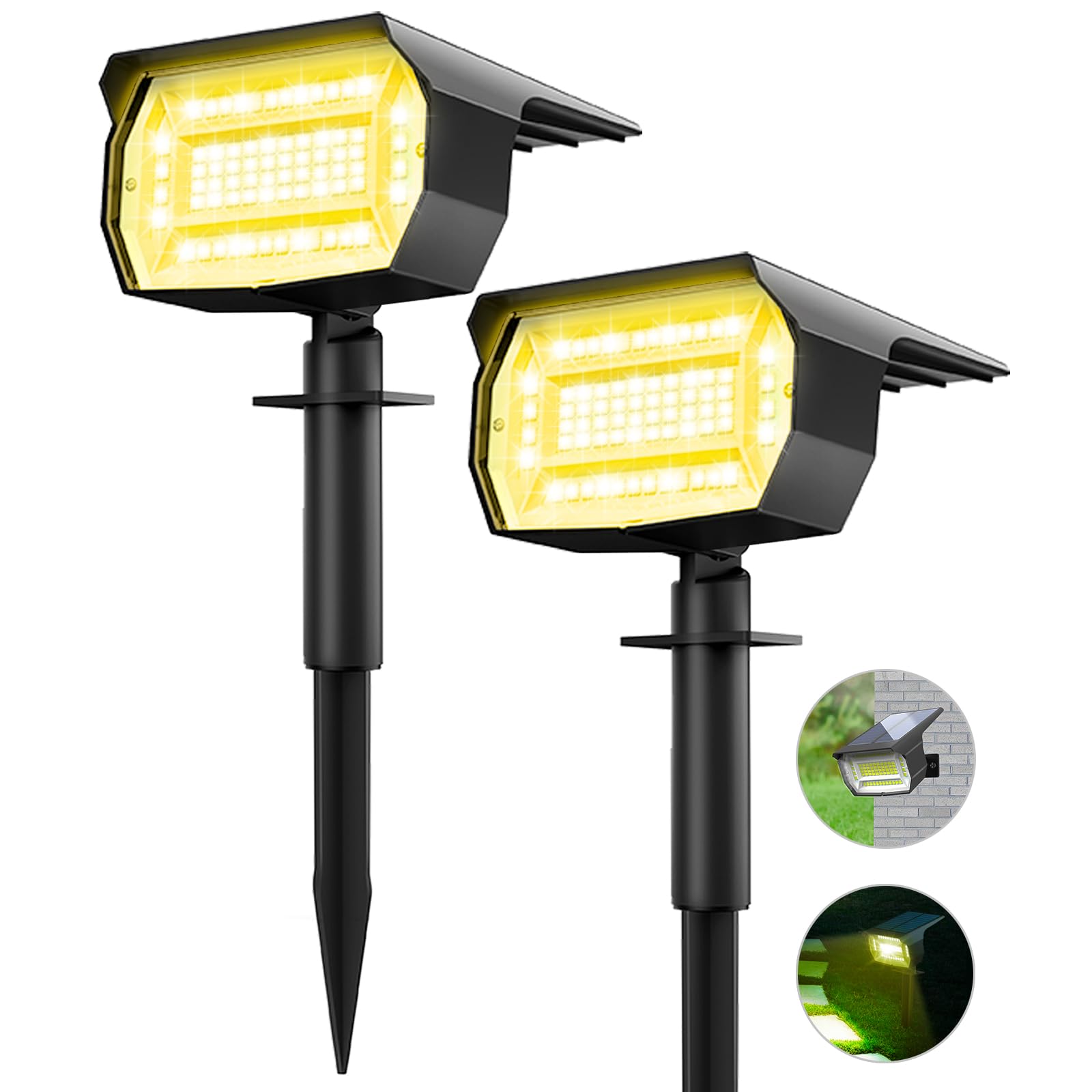 LOTMOS 2 x Outdoor Solar Powered Spotlights, 72 LED Solar Garden Lampposts, 3 Levels of Brightness, Waterproof Solar Lights for Pool, Pathway, Patio, Trees, Warm White