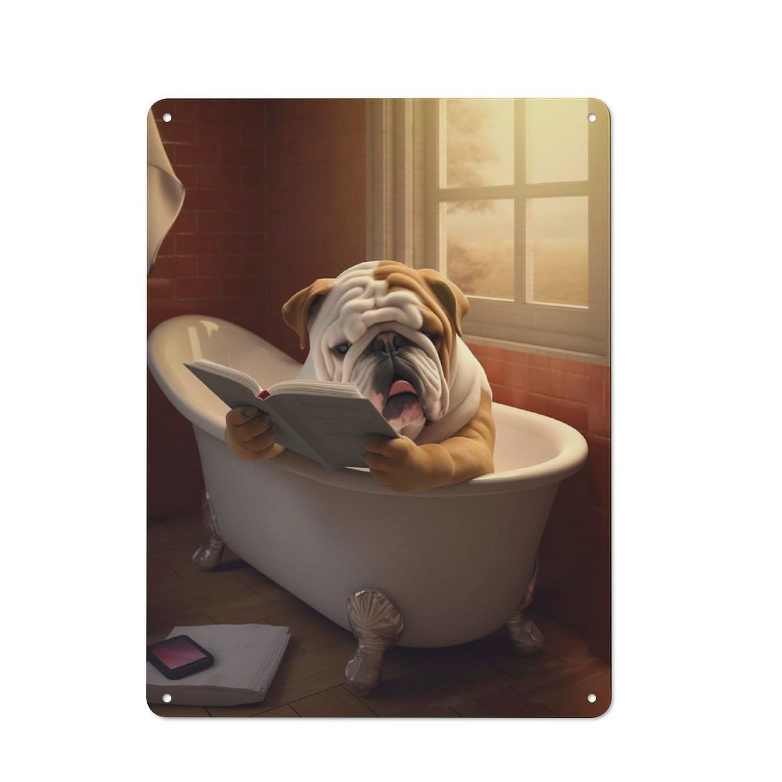 Junmoney Bulldog Reads Book In Bath Country Farmhouse Metal Sign 40X30cm, Farmhouse Wall Decor For Dining Room, Cafe, Entryway Or Family Room