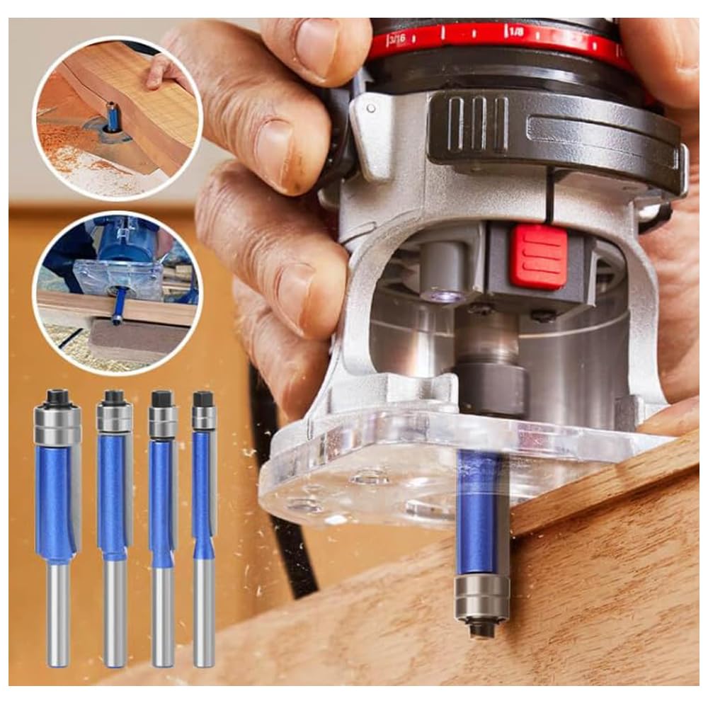 4Pcs/Set Biaxial Trimming Tool Router 4PCS Router Bits 1/4 Shank Flush Trim Top Bearing and Bottom Bearings Sets for Superior Woodworking Precision