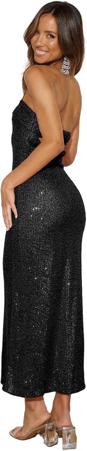 Women Strapless midi Sequin Dresses Bodycon Sleeveless Wedding Guest Sparkly Glitter Formal Cocktail Dress - Image 5