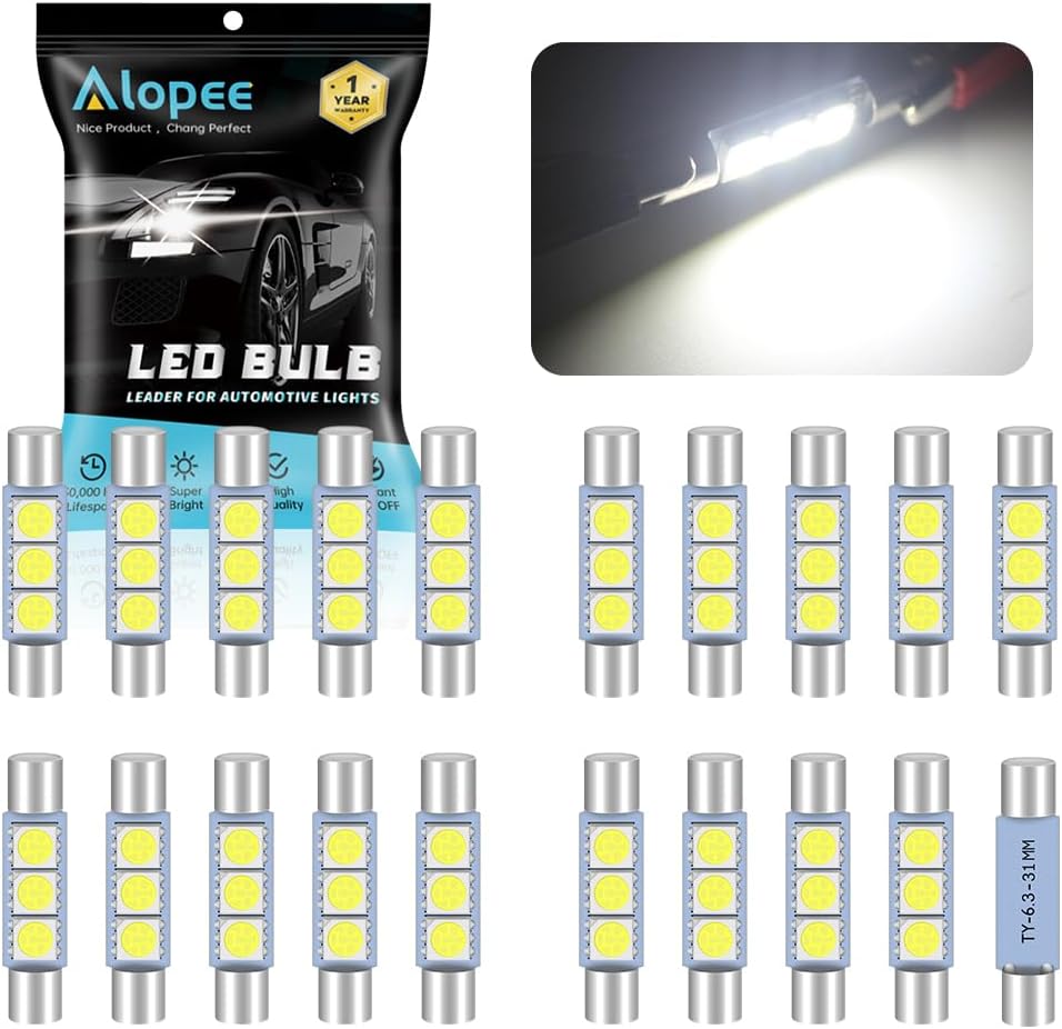 AMAZENAR 20-Pack 50 Lumens Xenon White 28MM(1.1") - 31MM(1.25") 12V LED Festoon Light 5050 3-SMD Sun Visor Vanity Mirror LED Bulbs for Vehicle 6615F 6614F 3021 3022 3175 T-2 SF6/6 (White)