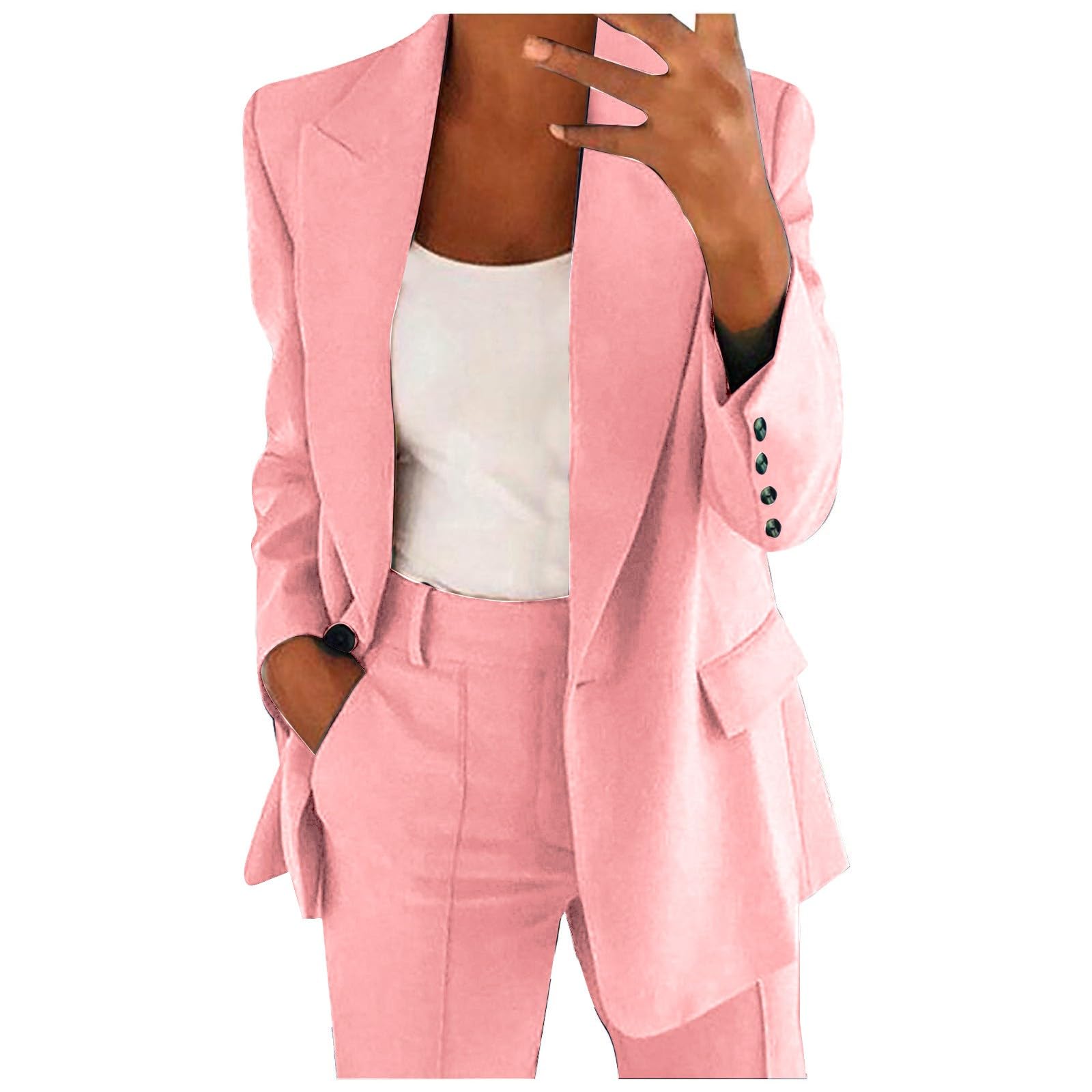 Conjunto de Traje Talla Grande, Trajes de 2 Piezas para Mujer Elegante, Chaqueta de Manga Larga con Bolsillos Blazer y Pantalones Corte Ajustado Color Sólido Elástico Trabajo Oficina
