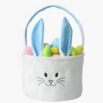 Easter Basket for Kids Plush Bunny Easter Baskets for Boys Girls, Easter Gifts Basket with Foldable Ears, Baby Bags for Easter Egg Hunts - 11.8 x 9.5 Inches Blue