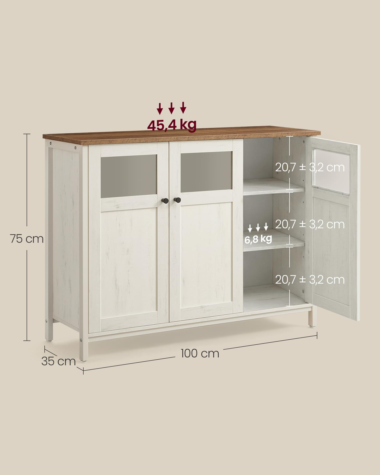 VASAGLE Sideboard, Küchenschrank, Aufbewahrungsschrank, mit Glastüren, für Wohnzimmer, Küche, Esszimmer, Stahlrahmen, Industriestil, honigbraun-vintageweiß LSC099WJ02