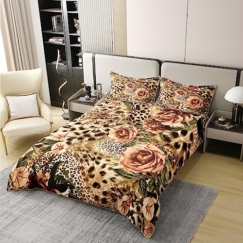 Erosebridal 100% Natural Cotton Leopard Duvet Cover King Rose Bedding Set for Kids Girls Women Boho Floral Brown Comfy Comforter Cover Cheetah Animal Pattern Soft Breathable Bedroom Decor Quilt Cover