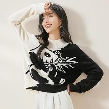 Women Sweater Cute Panda Graphic, Long Sleeve Half Turtleneck