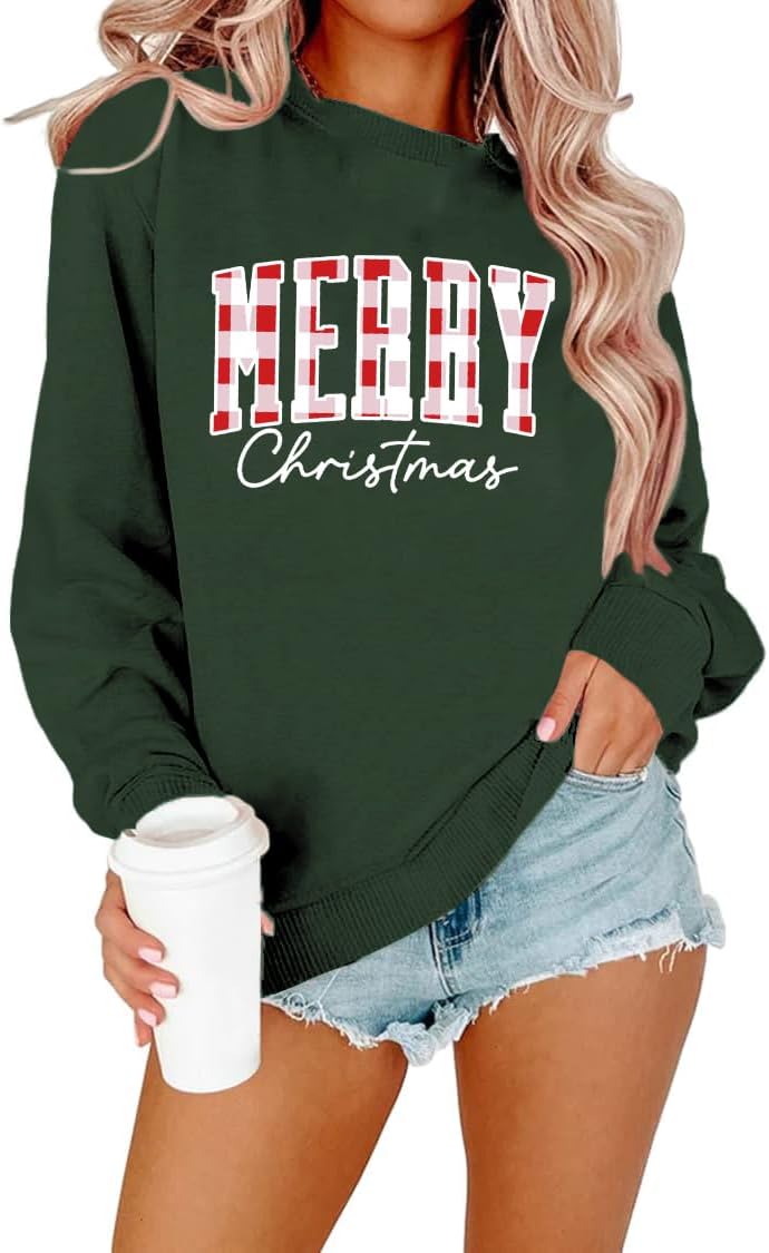 Women Christmas Sweatshirts Merry Christmas Long Sleeve Shirts Girly Aesthetic Xmas Holiday Pullover Blouse