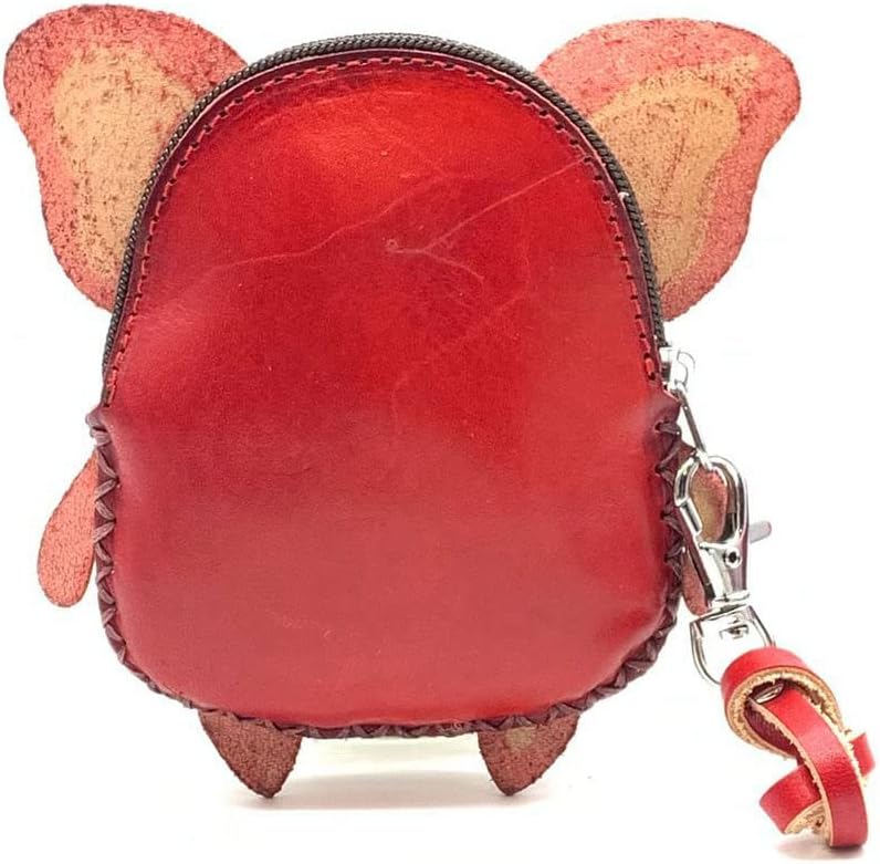 Vintage Genuine Leather 3D Animal Pig Coin Purse with keyring & Removable wrist strap (Red)