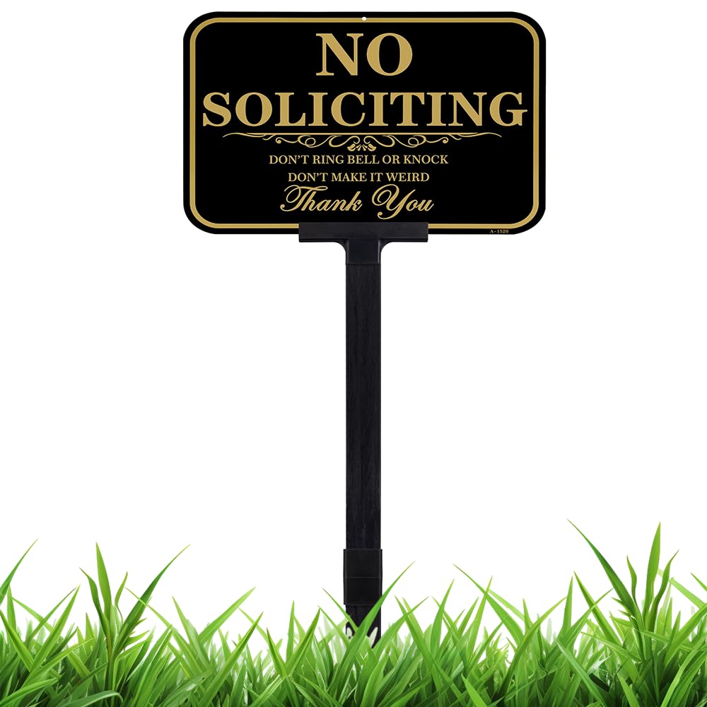 Large No Soliciting Sign with Stake 14 x 10 Inch, 40-mil Thick Metal Aluminum,37 Inch Long Adjustable Height, Outdoor No Soliciting Yard Signs for