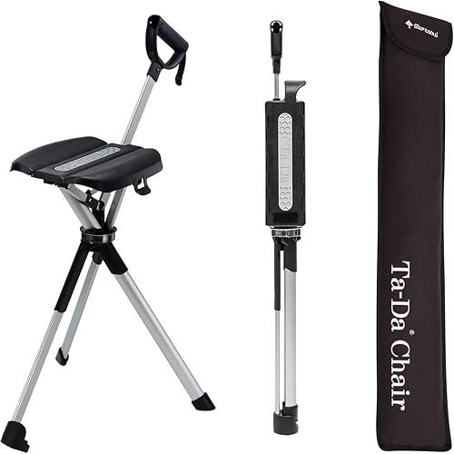 Ta-Da Chair Series 2 - Walking Stick with Seat, Lightweight Aluminium Pole Frame & Sturdy Foldable Stool (up to 136kg), Easy Folding Design, Ideal for Hiking & Outdoor Activities - Black, 92 cm