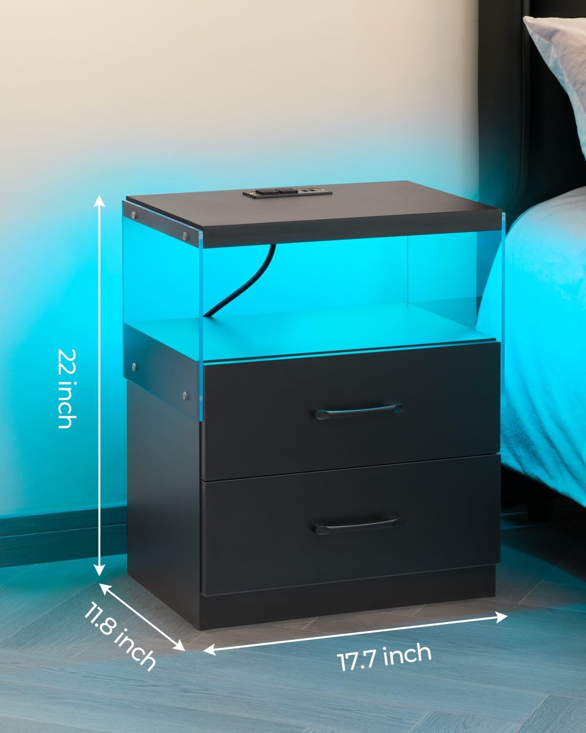 LED Nightstand Set of 2 with Charging Station, Modern Bedside Table with Acrylic Open Shelf, Sturdy End Table for Bedroom Living Room, 15mm Thick Top & 17.7" Wide, Black
