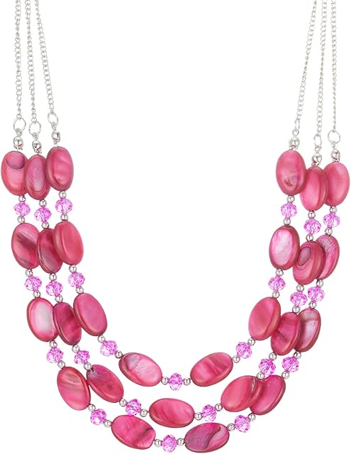 FULU AUTUMN Layered Statement Chunky Necklace for Women Beaded Costume Silver Necklace with Shell Beads Valentines Birthday Gifts for Her
