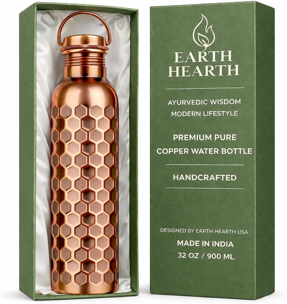 Premium Pure Copper Water Bottle – 32oz Honeycomb Design – Leak-Proof Ayurvedic Copper Vessel for Daily Hydration – Handcrafted & Eco-Friendly
