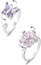 2pcs Silver Anti-Stress Ring for Women Cherry Blossom Butterfly Anxiety Anxiety Ring Anxiety Ring Open Adjustable Ring for Anxiety Woman