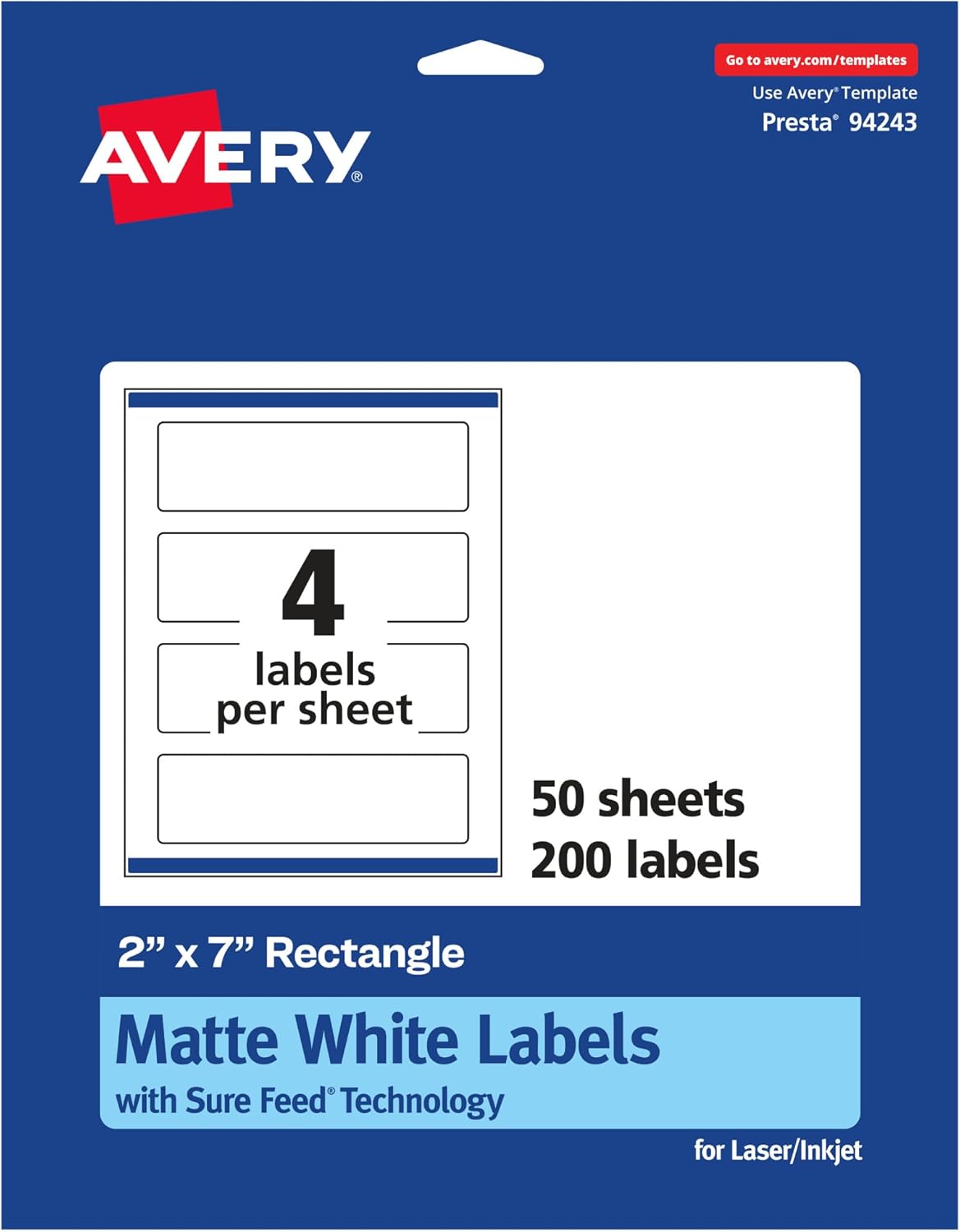 Avery Matte White Rectangle Labels, Sure Feed Technology, 2" x 7", 200 Matte White Printable Labels