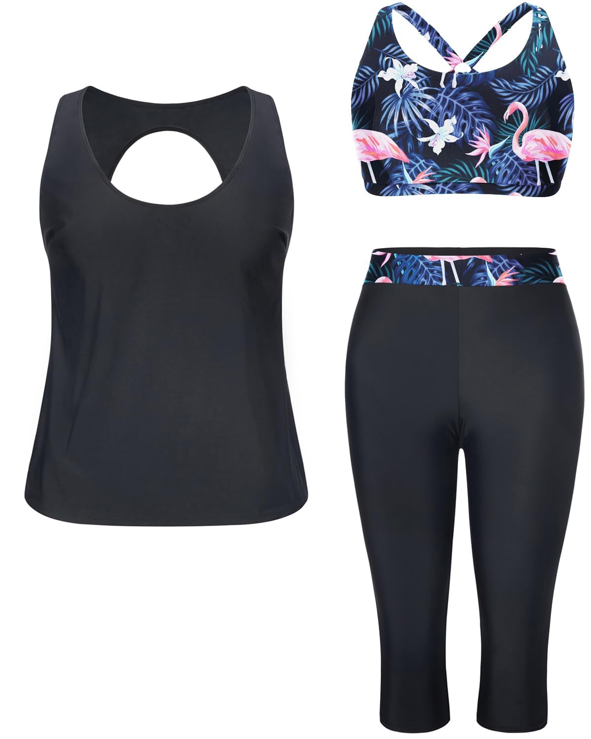 Yonique 3-teilige Badeanzüge in Übergröße für Damen, Tankini-Tops mit Sport-BH und Schwimm-Capri, athletische Badeanzüge