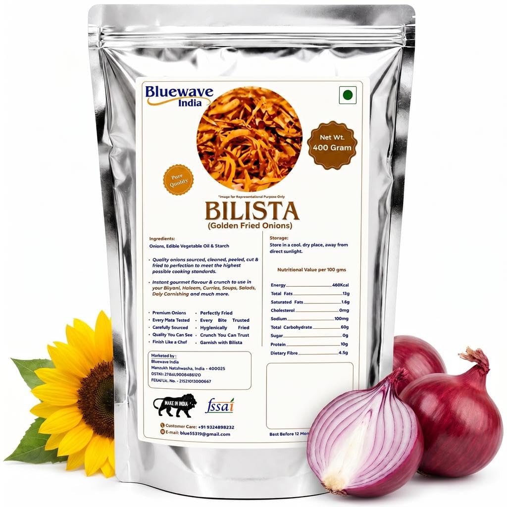 bluewave india fried onions for biryani (400 g) | crispy golden birista, natural barista onion fry, dehydrated flakes, no preservative, gluten-free vegan