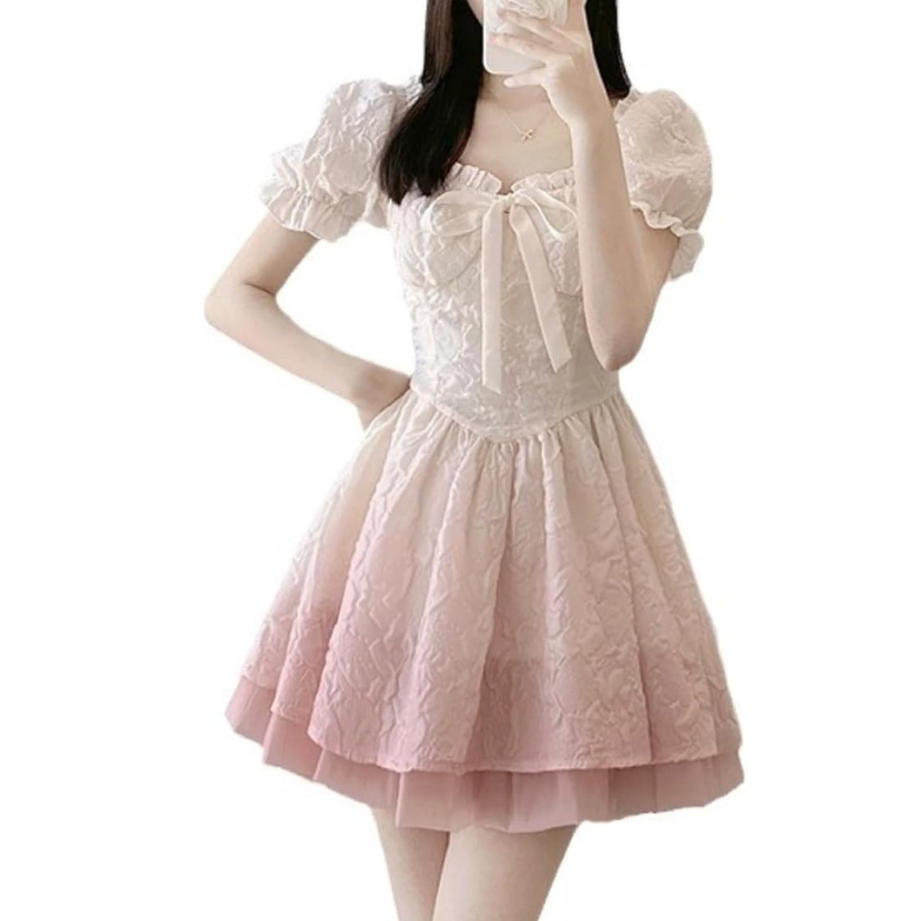 QJK Puff Sleeve Dress Bow Tie Lace Trim Pleaded Dress Kawaii Dress Fairy Dress Cute Dress for Women Lolita Dress, Pink, L