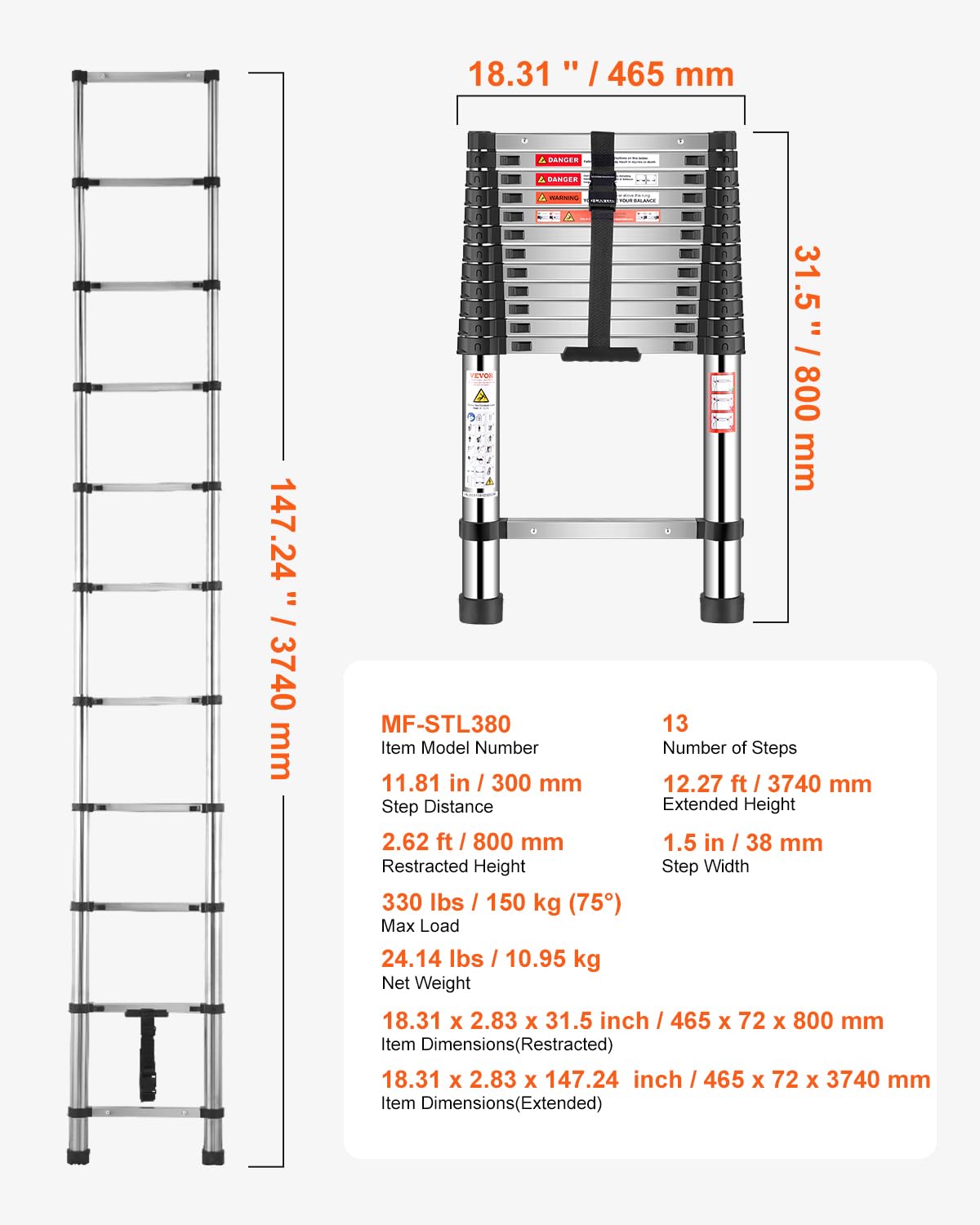 VEVOR Échelle Télescopique, 3740 mm, Escabeau Extensible en Acier Inoxydable, Capacité de Charge 170 kg, Échelle Portable Légère à Rétraction Multi-Boutons, pour Réparation de Maison, Camping-Car