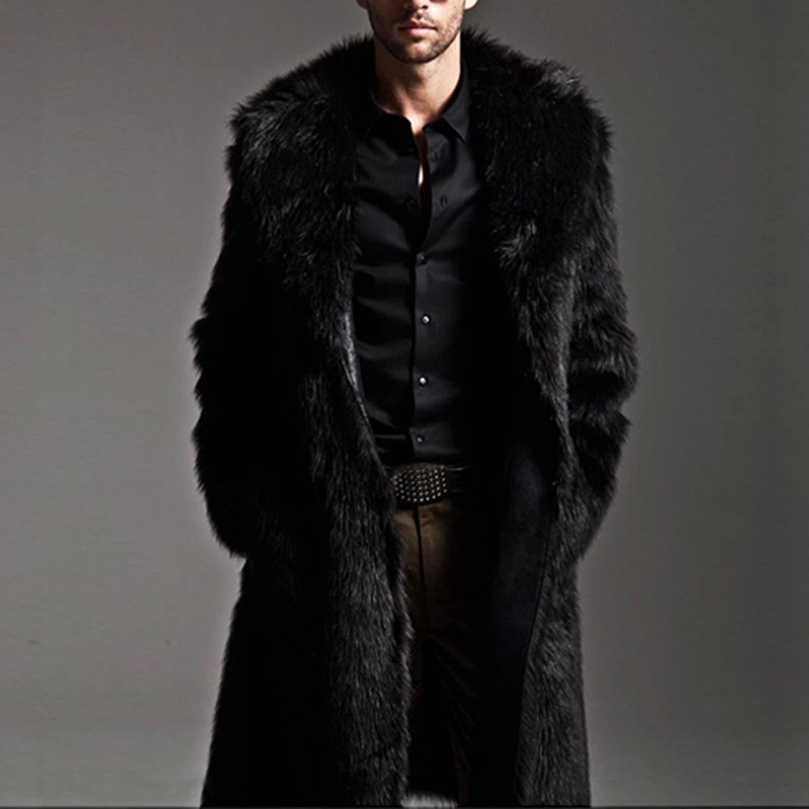 Pelzmantel Herren Lang Fellmantel Kunstfell Plüsch Winterjacke Warm Mantel Pelzjacke Langarm Revers Faux Pelz Jacke Lose Cardigan Felljacke Wintermantel