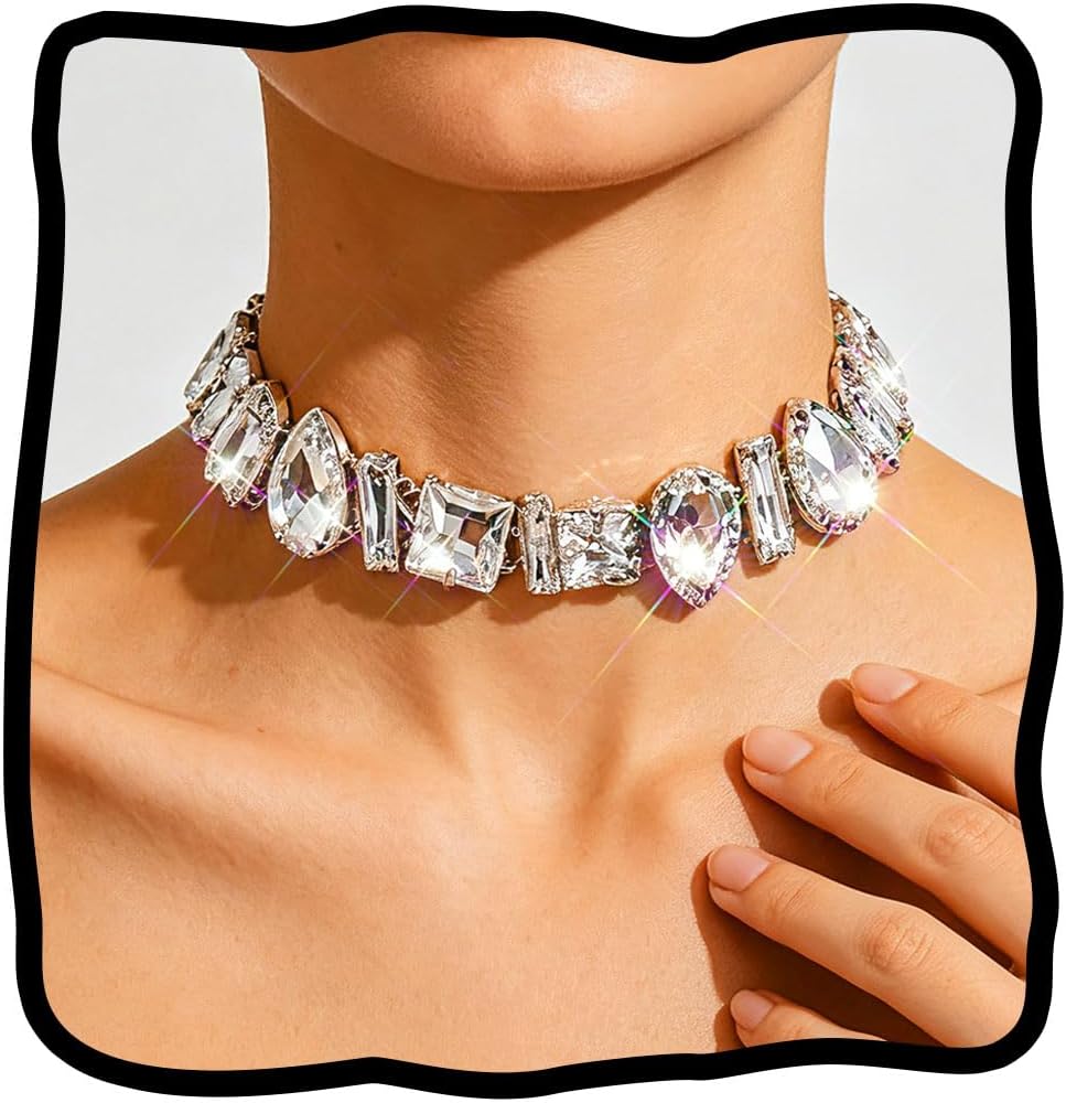 Big Diamond Choker Necklace Silver Rhinestone Jewelry for Women