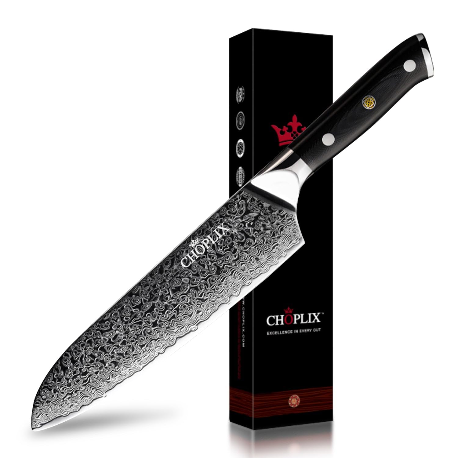 CHOPLIX Midnight Diamond Series 7-Inch Santoku Knife 67-Layer Damascus Steel Blade G10 Handle | Precision Cutting, Ergonomic Design, Exceptional Durability | Protective Sheath & Care Instructions