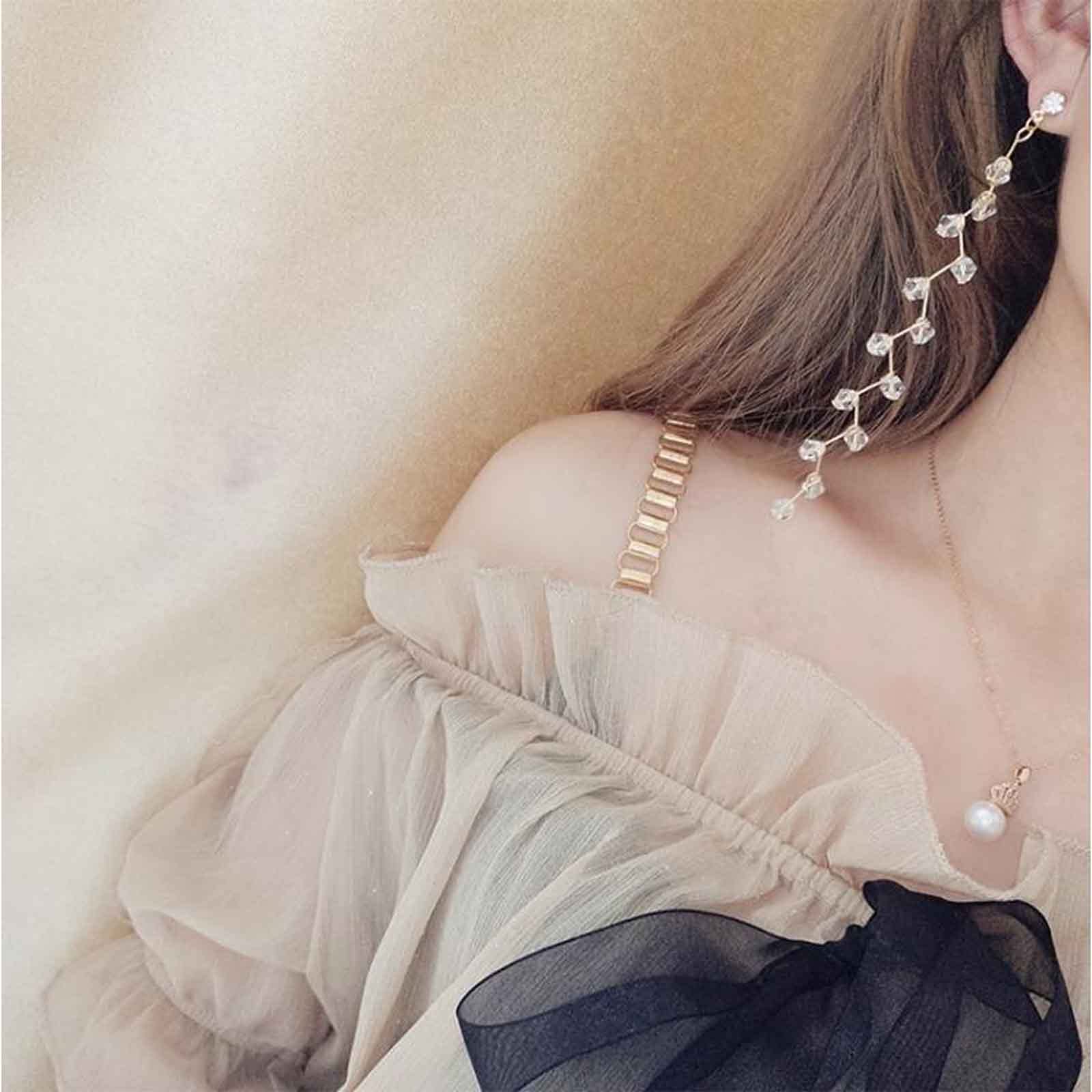 Yheakne Boho Rhinestone Leaf Earrings Gold Crystal Drop Earring Long Chain Tassel Dangle Earrings Jewelry for Women and Girls Gifts