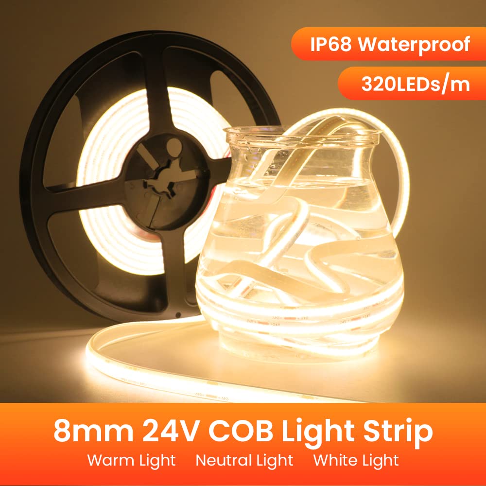 Tira LED COB 20m, 24V Tira de luz LED Impermeable IP68, 320LEDs/m Tira LED Blanca Cálida Flexible súper brillante,cadena de luces LED de 2 hilos para acuario(No incluye fuente de alimentación)