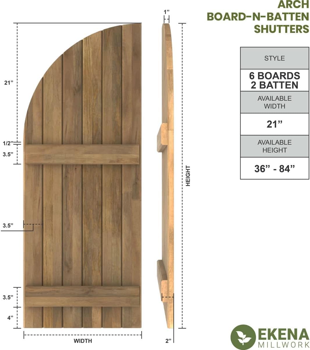 Ekena Millwork ARW101BQ621X60OBH Americraft Six 2 Exterior Real Wood Joined Board-n-Batten Shutters w/Arch Top (Per Pair), 60-in. H, Starless Night Blue