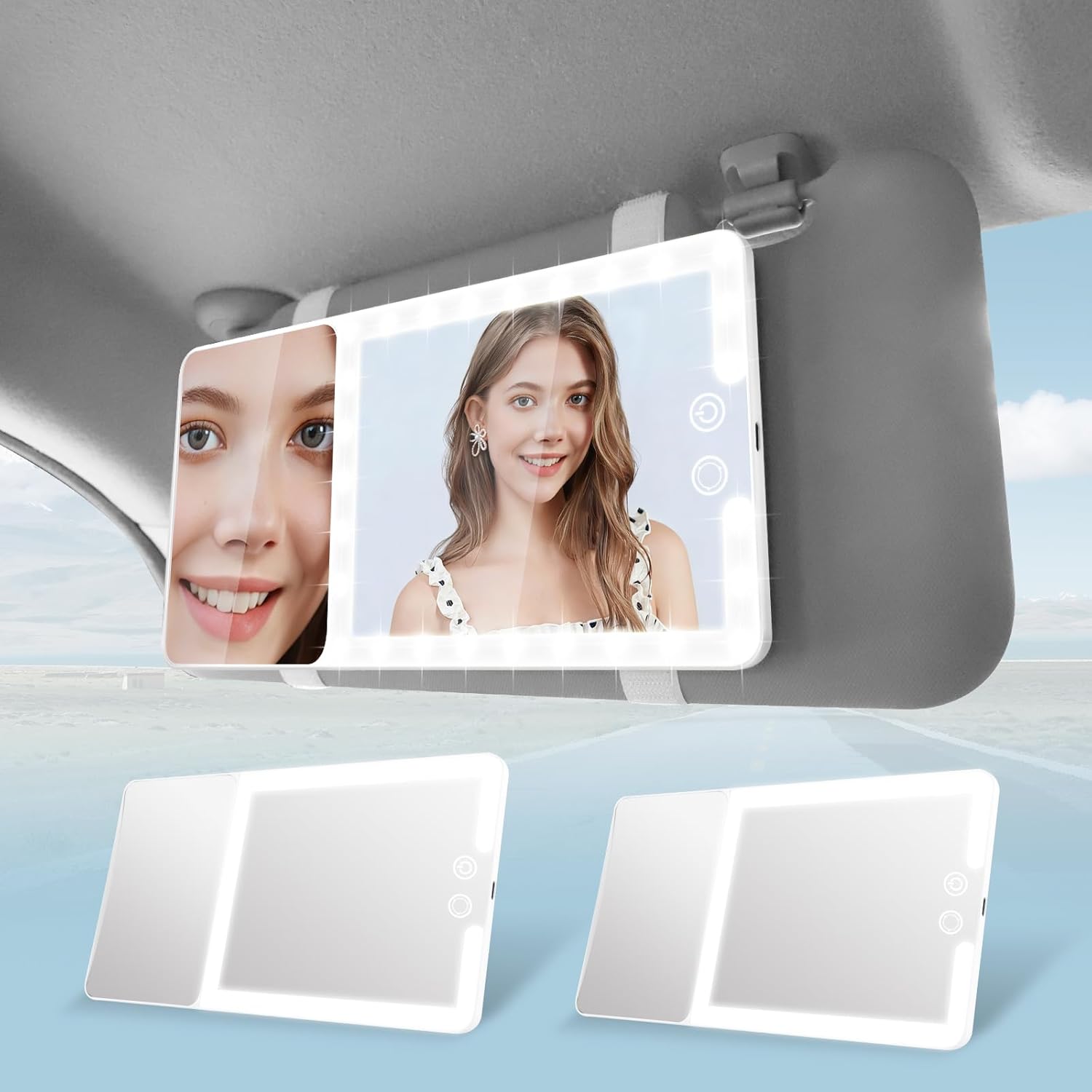 2pcs Car Sun Visor Vanity Mirror with Lights & 20X Magnification, Led Light up Makeup Mirror for Sun Visor, Rechargeable 3 Colors Dimming Light, Universal Accessories for Car SUV Truck
