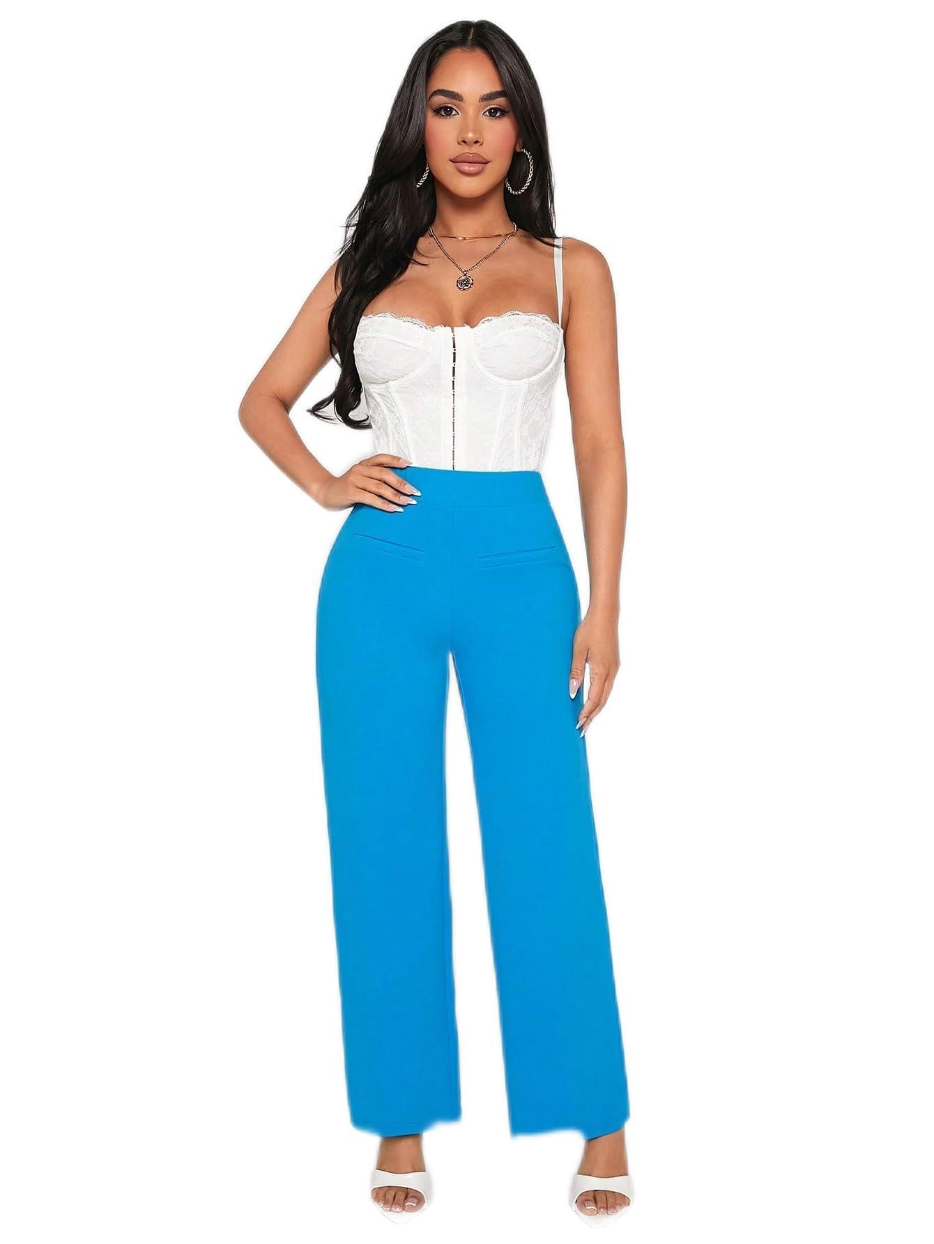 CRYBA Womens Pants Solid Elastic Waist Straight Leg Pants Pant for Women