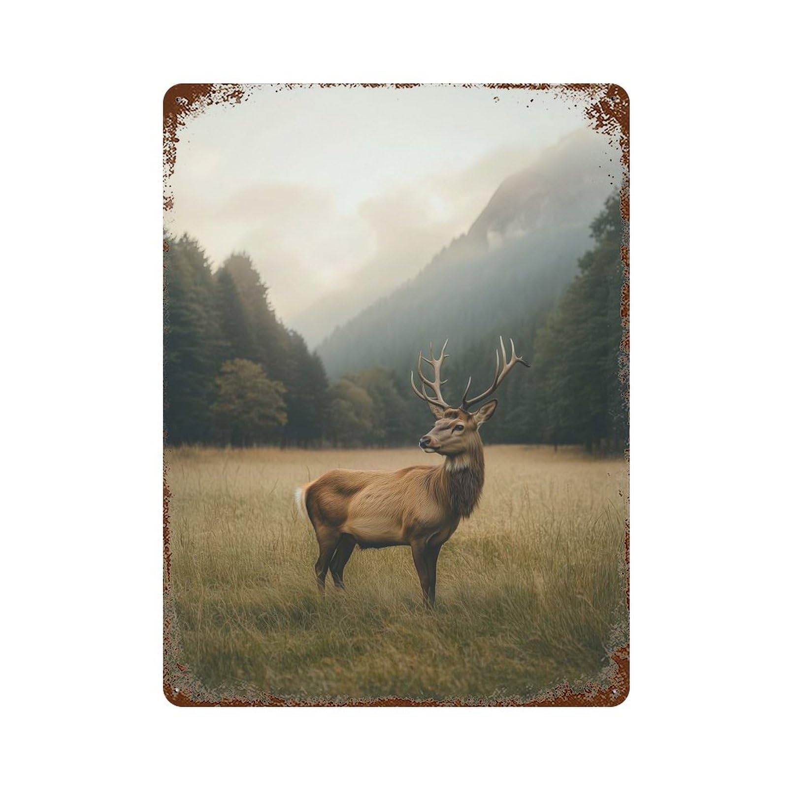 Rusty Metal Tin Sign with Majestic Deer in Foggy Forest Design 15.7"x11.8", for Farmhouse, Kitchen And Entryway Decor, Classic Wall Plaque