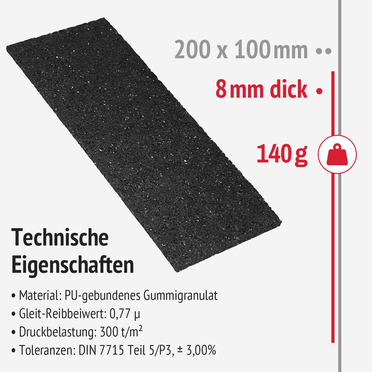 Anti-Rutsch-Pad | 100 Pads aus PU-gebundenem Gummigranulat, geprüft nach VDI-Richtlinien | Druckfestigkeit bis 300 Tonnen/m²; Größe: 200x100x8mm; Farbe: schwarz meliert