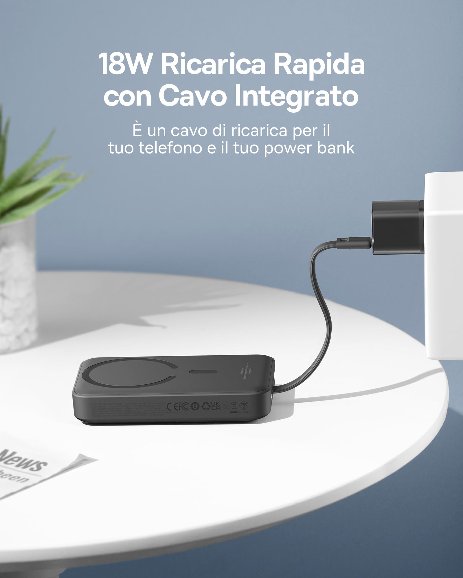 Baseus Magsafe Power Bank PD 30W, 10000mAh Powerbank Magnetica con Cavo USB-C Integrato (Carico/Scarico) per iPhone Serie 15/14/13/12, Mini Power Bank, Batteria Esterna Piccola ma Potente, Nero