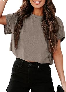 Women's Cropped T Shirts Trendy Short Sleeve Crew Neck Crop Tops Solid B...