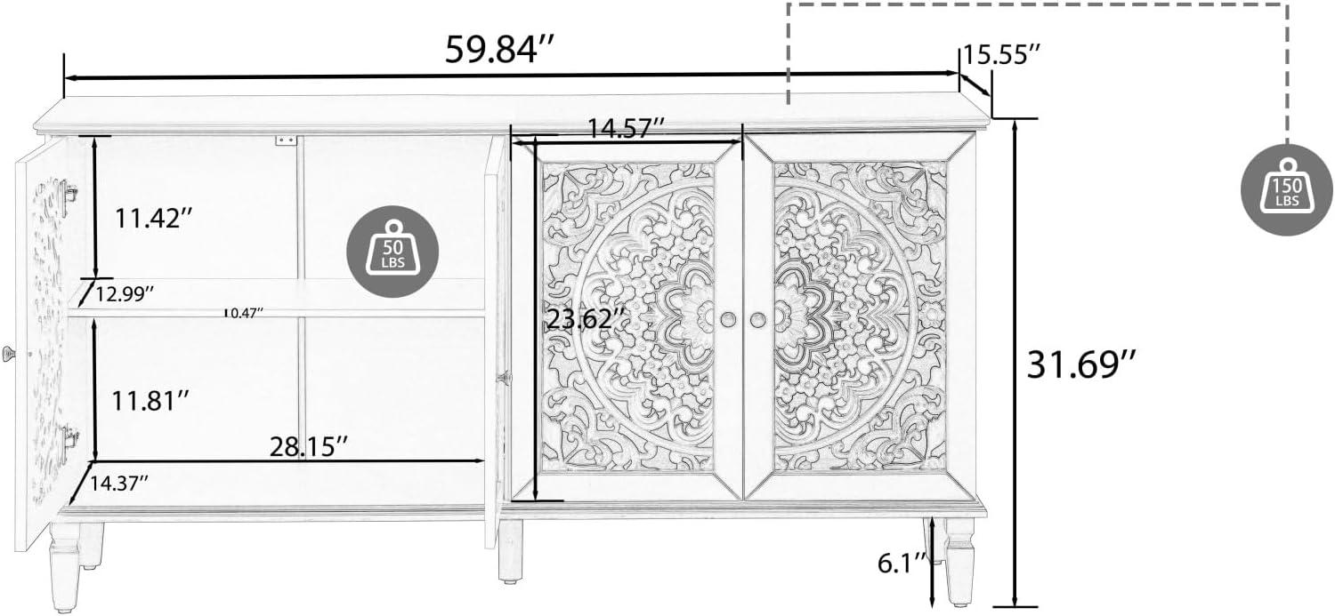 60" Antique Buffet Cabinet with Floral Carvings with Solid Wood Legs&Antique Brass Handles&Adjustable Shelves, TV Stand for 65''+ TV, Sideboard for Living Room,Dining Room (Antique Blue)