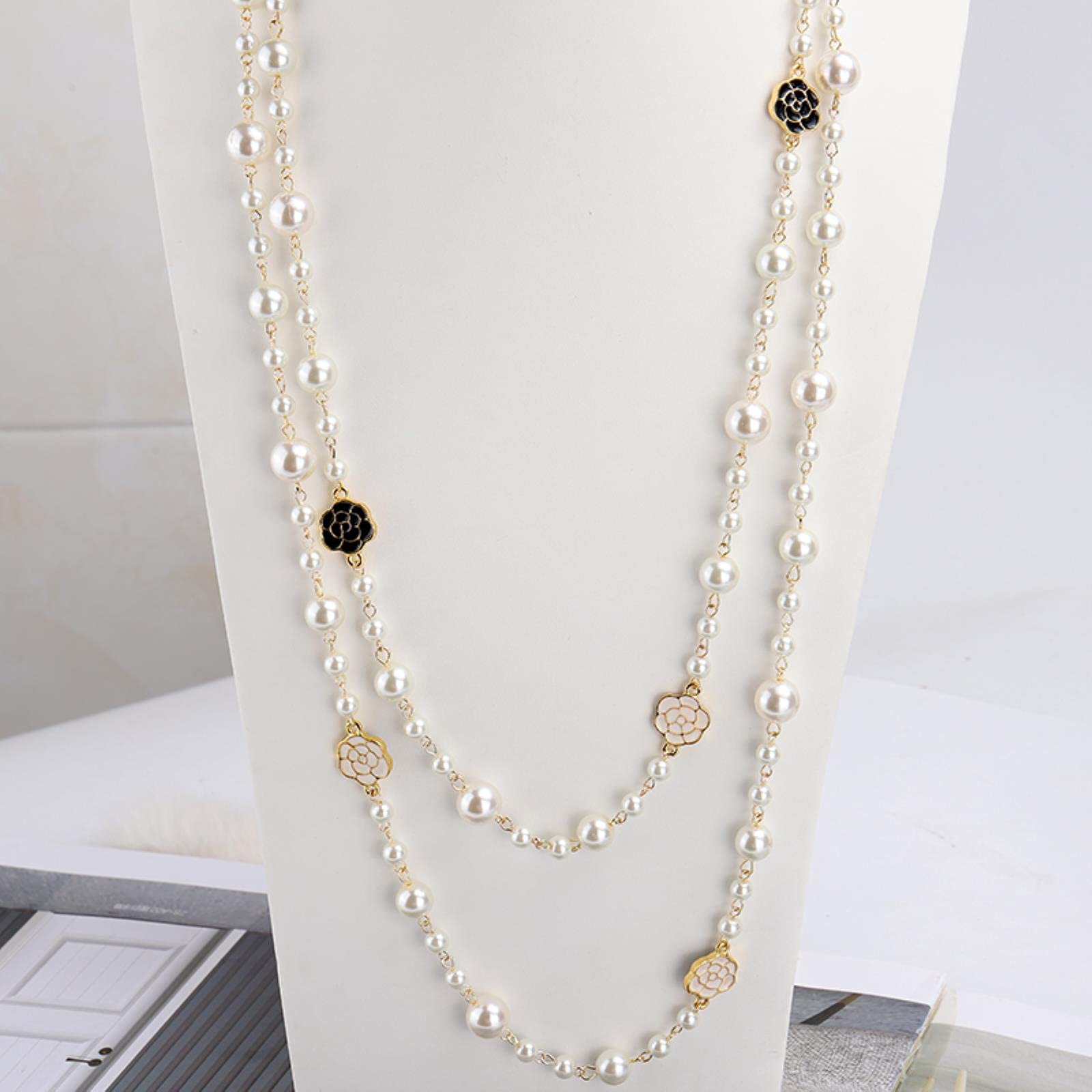 CXWK Long Camellia Pearl Necklace For Women Flower Double Layer