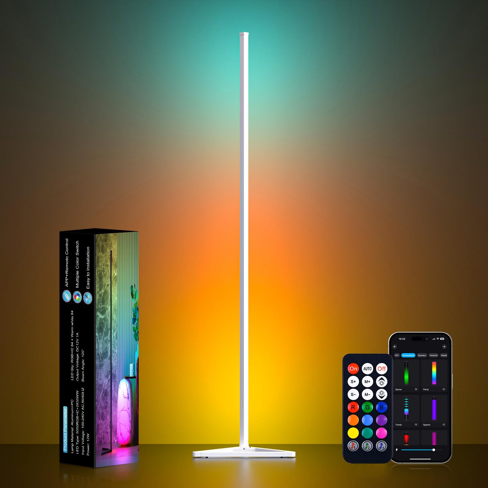 MIHEAL Corner Floor Lamp, 1 Pack LED Corner Lamp with APP and Remote Control, 16 Million DIY Colors & Warm White, Music Sync, Timing Function, Color