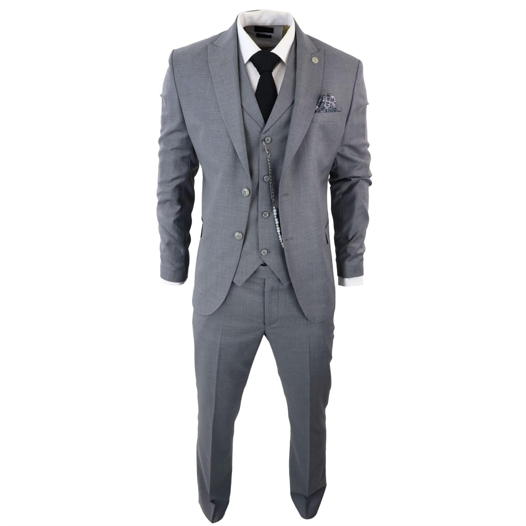 Truclothing Men's Grey Classic 3 Piece Suit Pocket Chain Wedding Tailored Fit Vintage Formal - 48