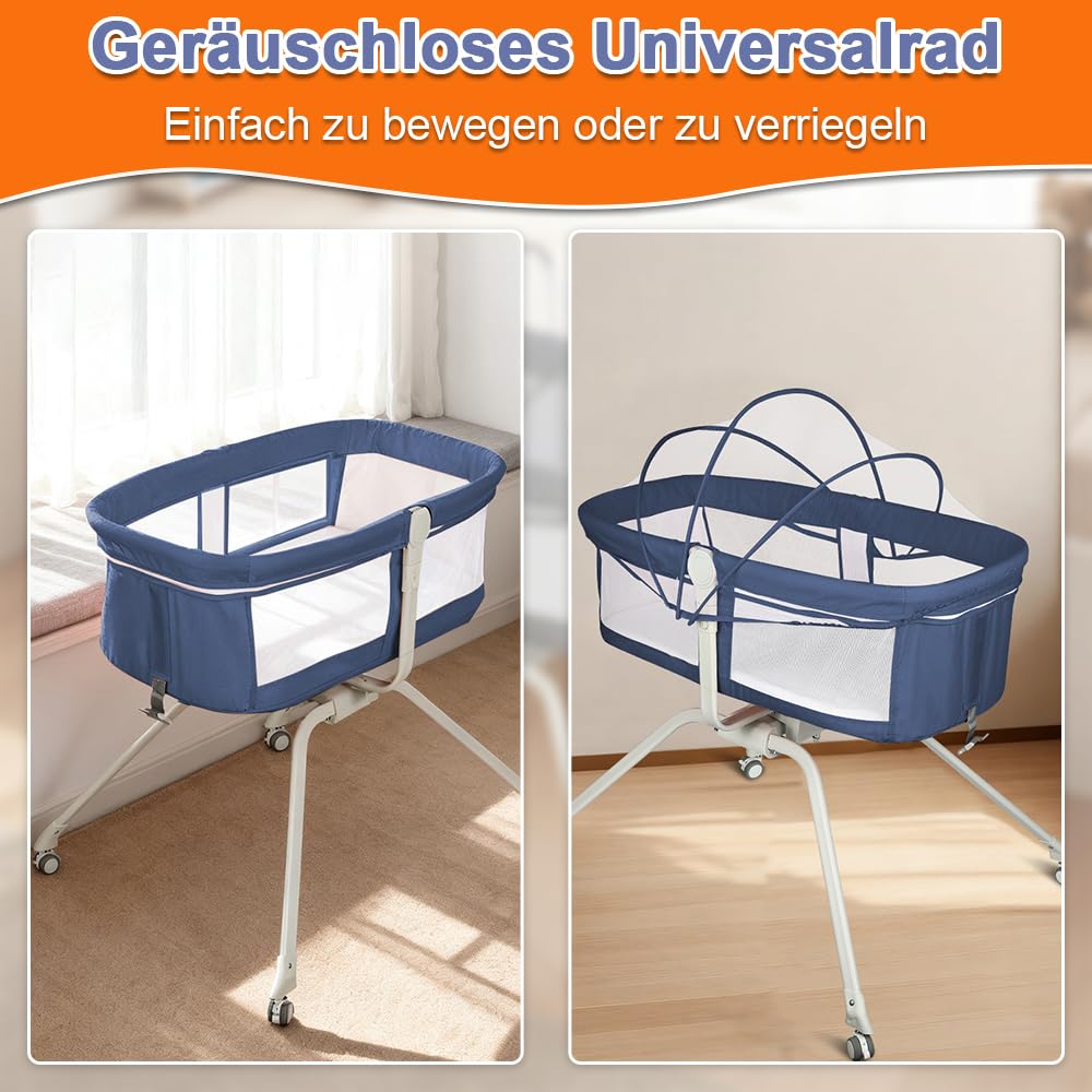 homewell 2 in 1 Babybett & Babywiege, Kinderreisebett, Stubenwagen Baby mit Moskitonetz, Reisebett für Babys, von 0 bis 9 kg, schnelle Montage (Marineblau)